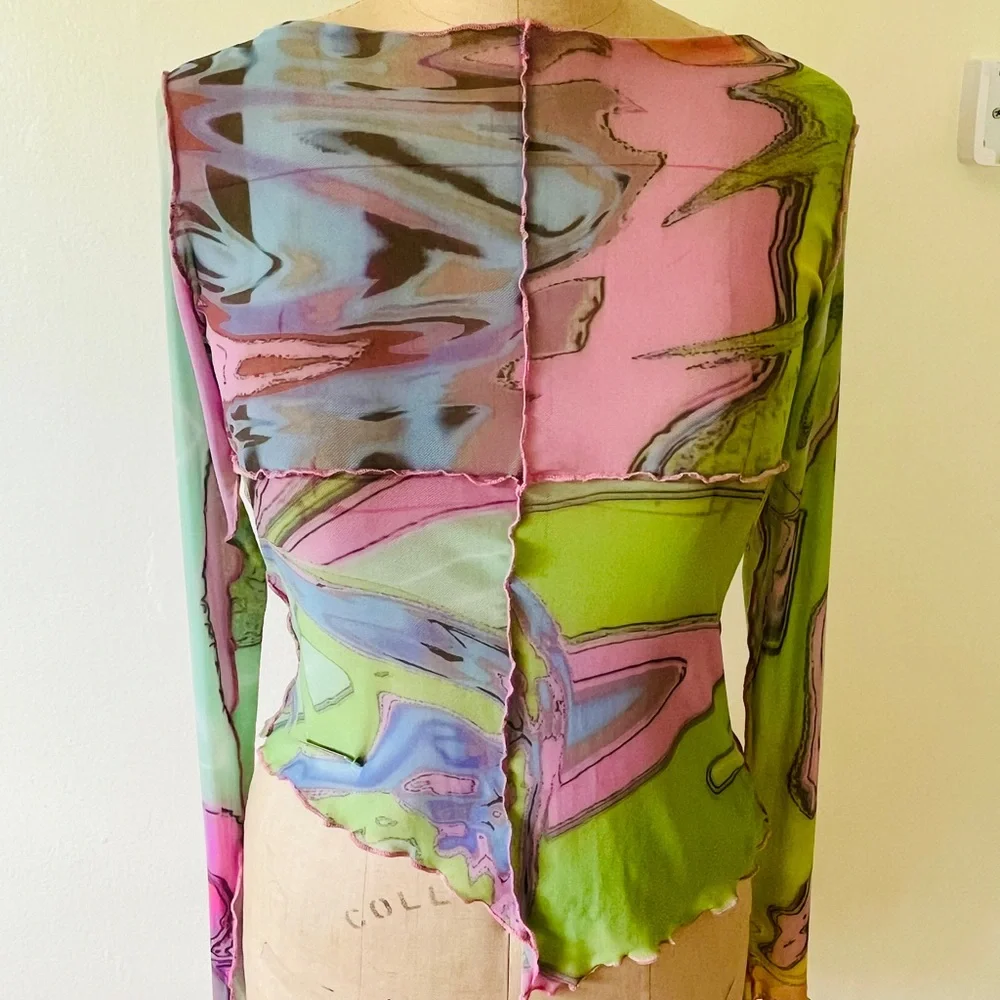 NWOT Paloma Lira psychedelic sheer asymmetrical top XL - Picture 7 of 11